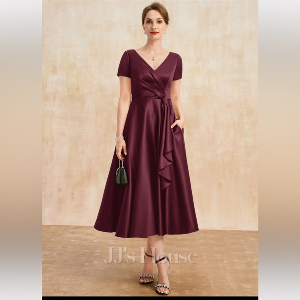 A-line V-Neck Tea-Length Satin Mother of the Bride Dress With Cascading Ruffles
